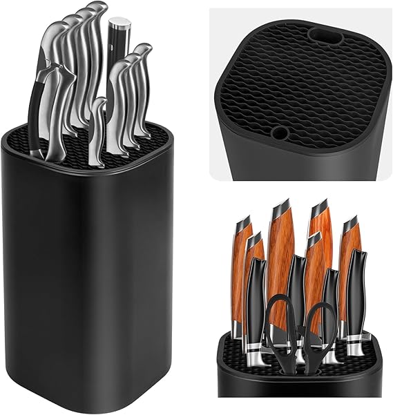 Knife Block Without Knives, Universal Knife Block, Detachable Knife Holder, Space Saver Knife Storage Holder with Scissors Slot, Sharpening Bar Slot, Kitchen Knife Holder Black