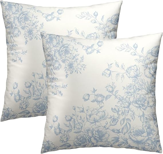 Chinoiserie Flowers Throw Pillow Covers 20x20 Inch Set of 2, Vintage Floral Blue White Decorative Square Cotton Cushion Cover Pillowcases for Home Couch Sofa Bed Outdoor Decor