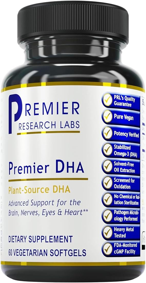 Premier Research Labs Premier DHA - Vegan DHA with Omega 3 Fatty Acids, Algae Based DHA for Women & Men, Natural DHA Supplement Suitable for Vegans- 60 Vegetarian Softgel Capsules