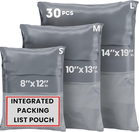 Poly Mailers Shipping Bags (30 Pack) Self-Seal Plastic Mailing Envelopes, 3 Sizes incl. 8x12, poly mailers 10x13 & 14x19 Tear & Water-Resistant Plastic Shipping Bags for Clothing Not Padded, Grey