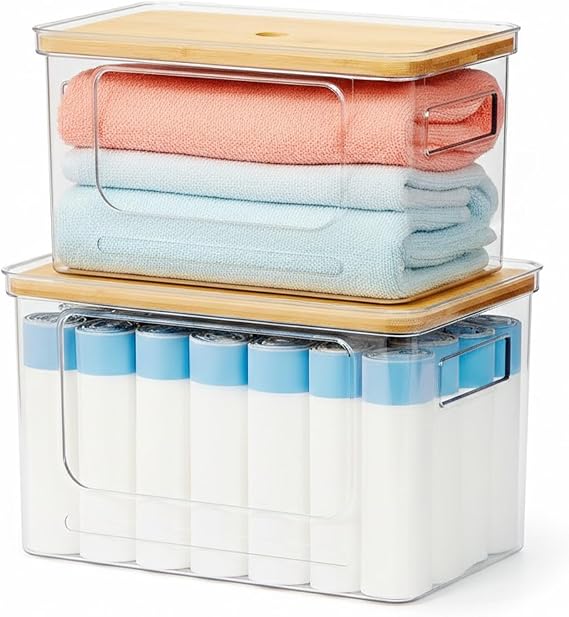 2-Pack Trash Bag Holder,Trash Bag Dispenser with Bamboo Lid, Stackable Acrylic Garbage Bag Dispenser for Under Sink Use in Kitchen, Laundry Room, and Pantry, Large Capacity Garbage Bag Holder