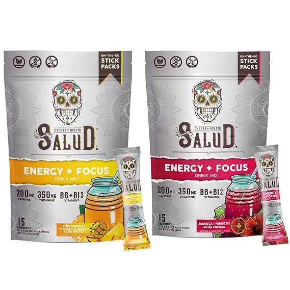 Salud 2-Pack |2-in-1 Energy + Focus (Pineapple Mango) & Energy + Focus (Hibiscus) 15 Servings Each, Agua Fresca Drink Mix, Non-GMO, Gluten Free, Vegan, Low Calorie, 1g of Sugar