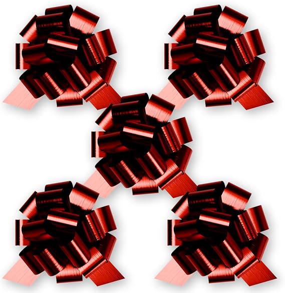 5" Red Metallic Pull String Gift Bows, 5-Pack | Easy Pull-String Assembly, Shiny Metallic Finish, Great for Gift Wrapping & DIY Crafts