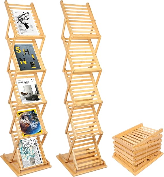 Foldable Magazine Rack Floor Stand Brochure Display Stand Literature Display Rack Holder Bamboo Wood Magazine Rack for Home Office Retail Display Exhibitions Trade Show Portable 5 Pockets