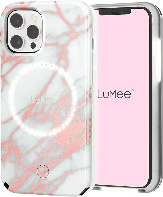 LuMee Halo by Case-Mate - Light Up Selfie Case for iPhone 12 Pro Max (5G) - Front & Rear Illumination - 6.7 Inch - Rose Gold White Marble