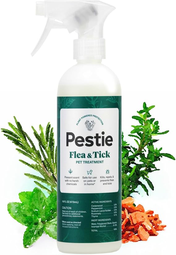 Pestie Flea & Tick Treatment for Pets, Flea Spray for Dogs, Cats & Home | Plant-Powered Formula, Kills and Repels Fleas, Ticks and Mosquitoes, for Cats, Dogs and Home Use