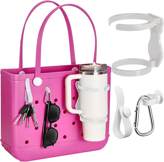 Accessories for Bogg Bag, Foldable Cup Holder for 30oz 40oz Stanley Cup, Adjustable Drink Water Bottle Holder for BOGG Bag, Insert Charm Carabiner Key Holder Hooks for Tote Bag