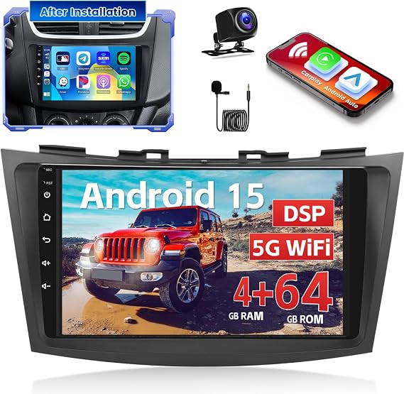 4+64G 9'' Android 15 Car Stereo for Suzuki Swift 2011-2017 | DSP IPS Touchscreen Wireless Carplay Android Auto 5G WiFi Bluetooth 1280x720P FM Backup Cam