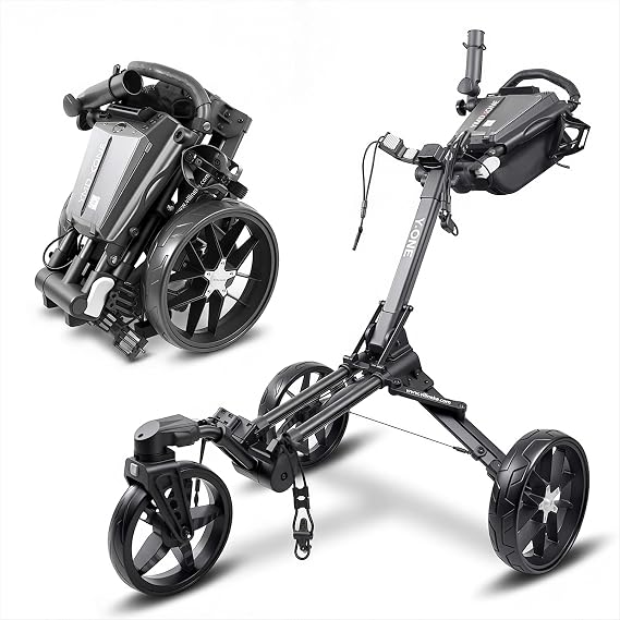 3 Wheel Golf Trolley with 360° Swivel Wheel: Foldable Design, Integrated Storage, Adjustable Handle, Holders for Phone/GPS/Scorecard/Bottle/Umbrella. Compact for Easy Storage and Transport