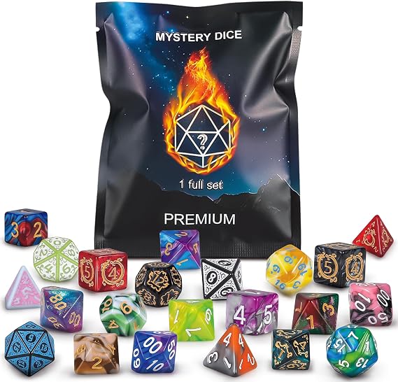 QMAY Mystery Dice, 7 Pcs Acrylic Polyhedral Dice with 1 Pcs Velvet Bag | Random Style DND Dice Set Gifts for D&D, Pathfinder, MTG, Table Game Night, RPG Players & DMs D20 D12 D10 D% D8 D6 D4