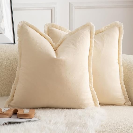 Set of 2 Neutral Cotton Fringe Throw Pillow Covers Decorative Boho Farmhouse Cushion Covers Cozy Tassels Pillowcase for Couch Sofa Bedroom Living Room Home Decor 16x16 Inch Beige