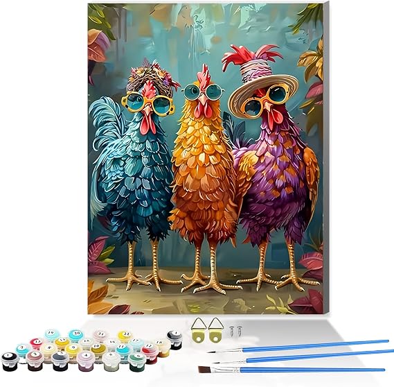 Hestarcul Framed Paint by Numbers Kit for Adults,Painting by Numbers Kits with Framed on Canva for Beginner,DIY Watercolor Oil Painting Frame for Birthday Gift Decor for Home Wall. (chicken1)