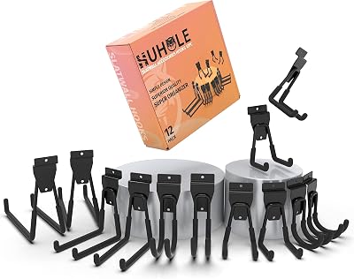 HUHOLE Heavy Duty Slatwall Hooks 12 Pack Large Utility Garage Storage Hangers Slatwall Accessories for Ladders, Hoses, Cords & Tools Fits Standard Slat Wall Panels & Screw-in Wall Mount