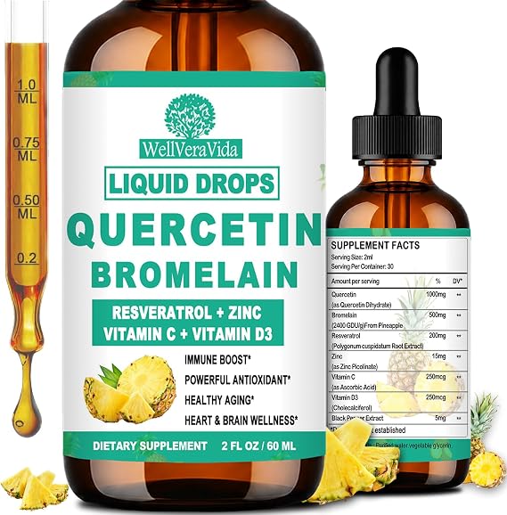 Quercetin with Bromelain, Quercetin 1000mg & Bromelain 500mg Liquid Drops | Quercetin Supplements Extract with Zinc, Vit C & D3 for Immune, Antioxidant & Respiratory Support, Capsule Alternative, Vegan