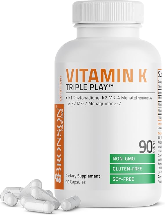 Bronson Vitamin K Triple Play Full Spectrum K1 & K2 MK-4/MK-7, 90 Capsules