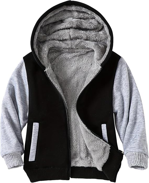 Kids Boys Zip-Up Hooded Sherpa Lined Jacket Fleece Sweatshirts Coat | Two Pockets,Ribbed Hem,Color Block Design,Spring Fall Winter Casual Warm Clothes,Soft School Daily Outwear for Tween 3-14Year