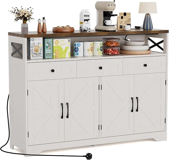 BonVache Sideboards Cabinet with Power Outlets,Wooden Storage Sideboard with Adjustable Shelf,3 Drawers and Open Shelf,Buffet Cupboard for Living Room,Kitchen,Hallway, Dining Room,Woodgrain White