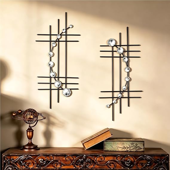 ZEXUIRU 2 Pcs Abstract Metal Art for Wall Decor Living Room Bedroom Bathroom Office Metal Bling Modern Geometric Hanging Vertical Small Iron Sculpture Plaque Pack -Black 15.7in