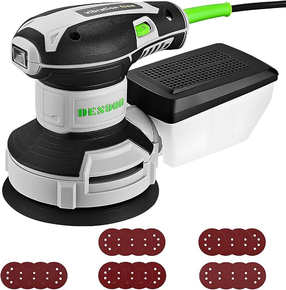 DESOON Random Orbit Sander 300W with 20Pcs Sandpapers, 6 Variable Speed 14000RPM, 125mm Sander with Brake System and Dust Extraction for Sanding, Polishing Wood, DIY, Home