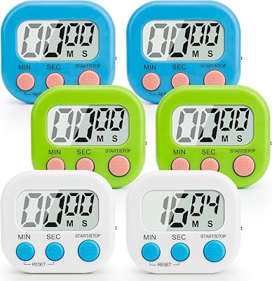 6 Pack Digital Kitchen Timer Multi-Function Magnetic Timers Classroom Timer for Kids Loud Alarm Big LCD Display Electronic Timers for Cooking, Classroom, Exercise, Study, MeetingBlue, Green, White