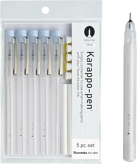 Kuretake Karappo Pen, 0.25mm Extra Fine tip 5pcs set, Empty refillable ink pen, for lettering, calligraphy, illustration, drawing, Made in Japan