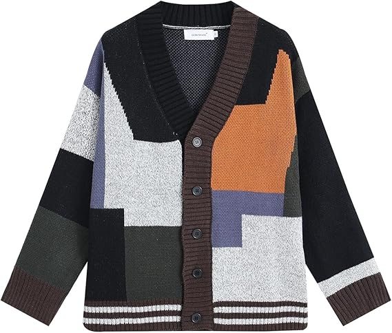 GURUNVANI Men's Colorblock Cardigan Sweater Thick Knit Button Front Vintage | patchwork knit design, relaxed unisex fit, thick textured sweater, button front closure, vintage layering style