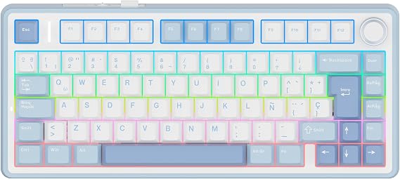 EPOMAKER Aula F75 ISO-ES Wireless Mechanical Gaming Keyboard, 75% Spanish Layout with Knob, Creamy Gasket, Sound-Dampening, RGB, Hot-Swap, BT/2.4Ghz (Sea Salt Blue)