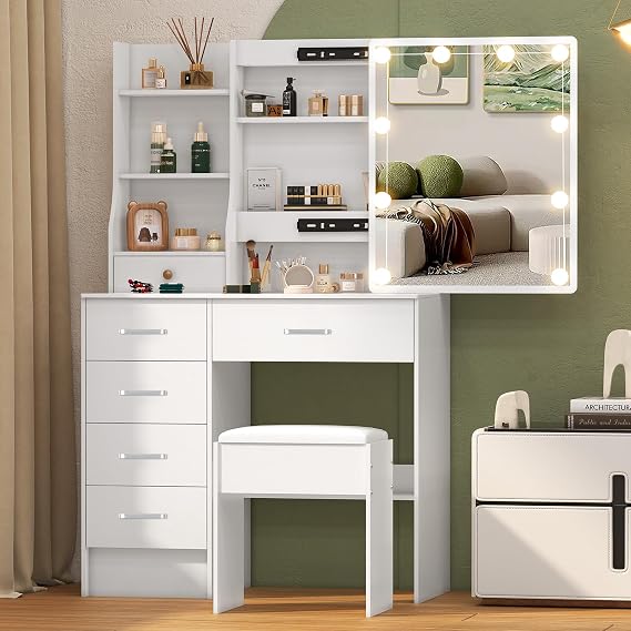 Dressing Table Set with LED Light Mirror, Cute Small Vanity Desk with 5 Drawers, 31.5" W Small Vanity Set for Bedroom Dressing Room, White