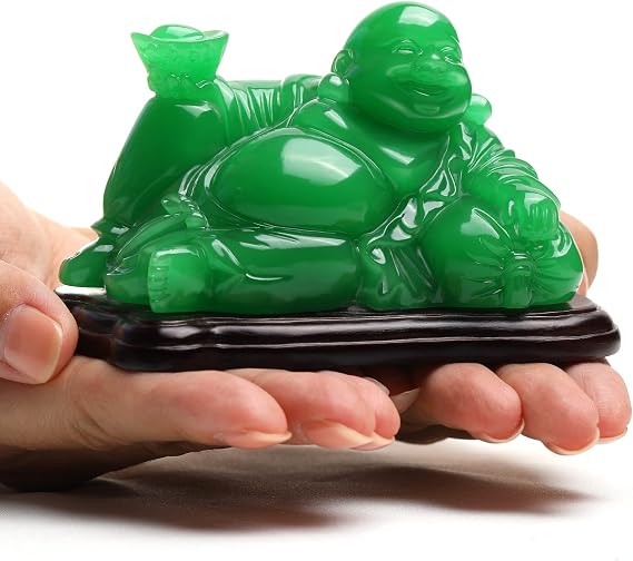 Happy Buddha Statue Green- Sitting Laughing Buddha Feng Shui Figurines Wealth and Good Luck for Home & Office Decor - Inspirational Religious Happy Samll Gifts, 5.3*3.9*3.5inch