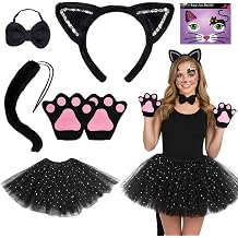 7 Pcs Adult Cat Costume, Costumes for Adult, Noir, Cat Ears and Tail, Animal Costume, with Headband, Gloves, Bow Tie, Tail, Dress, Face Stickers