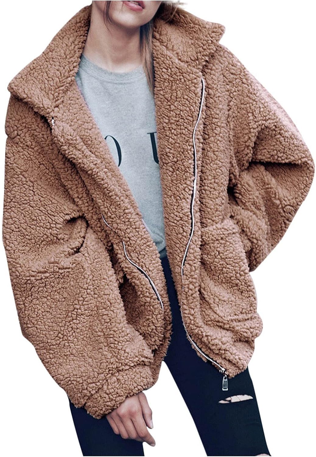 GOODTRADE8 Winter Coats for Women Womens Ladies Warm Faux Furry Coat Jacket Winter Oversized Turn Down Collar Outerwear