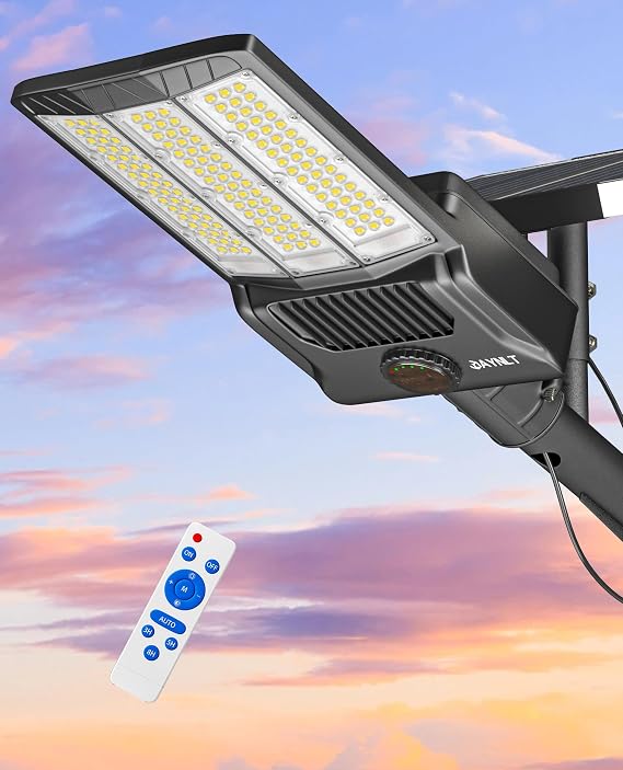 JAYNLT Y-6500W Solar Street Lights Outdoor, 650000LM 6500K High Powered Commercial Parking Lot Light Dusk to Dawn, Waterproof Solar Security Flood Lamp with Remote for Driveways, Basketball Courts [Energy Class F]