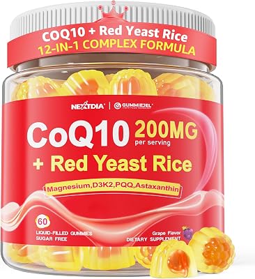 CoQ10 Gummies 100mg200mg for Adults, Plus Red Rice Yeast, Omega 3, PQQ, Magnesium, Astaxanthin, Methyl Vitamins B9 & B12, Ultra High Absorption CoQ10 Supplement for Energy, Brain, Antioxidant, 1pack