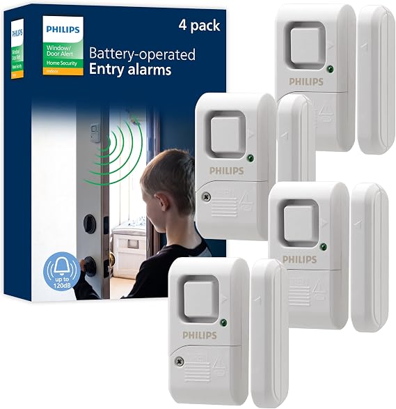 Philips Personal Security Window and Door Alarm, 4 Pack, Wireless Chime