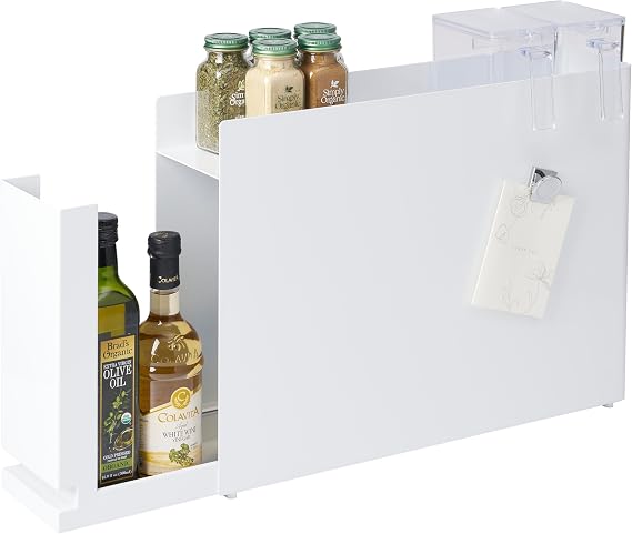 YAMAZAKI Home Sliding Drawer Seasoning Rack Pull Out Spice Rack for Countertop, Steel Kitchen Organizer with Magnetic Panels, Modern Spice Storage Drawer, White, Easy Access Design | Countertop steel spice rack with smooth pull-out sliding drawer and magnetic panels. Modern space-saving design for kitchen.