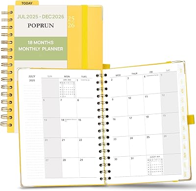 POPRUN Monthly Planner 2025-2026 Spiral Hardcover 6.25 x 8.5, 18 Months Calendar Jul.2025 - Dec.2026 - 2 Pages per Month with Dotted Note Pages, Sunday Start, Laminated Tab - Light Yellow