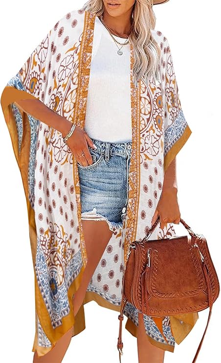 Moss Rose Womens Beach Cover up Swimsuit Kimono with Bohemian Floral Print