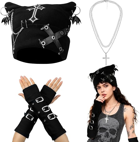 Goth Knitted Beanie Grunge Cat Ear Beanie Hat with Punk Necklace Grunge Arm Warmers for Women Y2K Streetwear Accessories Emo Crochet Hat
