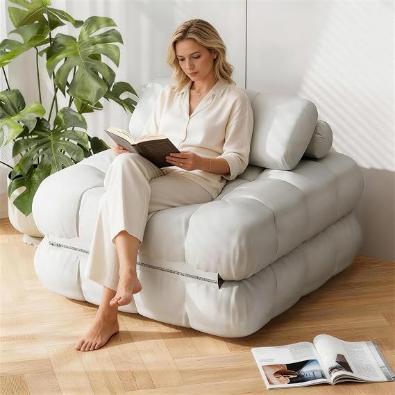 Folding Sofa Bed, 90CM Convertible Single Chair Bed with Pillow, White | 3-in-1 Portable Fold Out Boneless Couch Lounge with Back Support, Comfy Velvet Floor Mattress for Living Room Bedroom