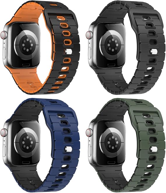 MoKo 4 Pack Sport Watch Band Compatible with Apple Watch Ultra 3/2/1 49mm,S11/S10 46mm,9/8/7 45mm,SE3/SE2/SE/6/5/4 44mm,3/2/1 42mm, Bicolor Soft Silicone Replacement Strap for Men Women, MultiColor G