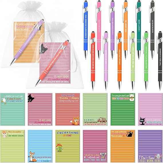 12 Sets Sarcastic Sticky Notes with Funny Ballpoint Pens 4x3 Inches Funny Self Adhesive Notepads Novelty Memo Note Pads with Sayings Pens for Coworker Employee Appreciation Gifts Office Supplies