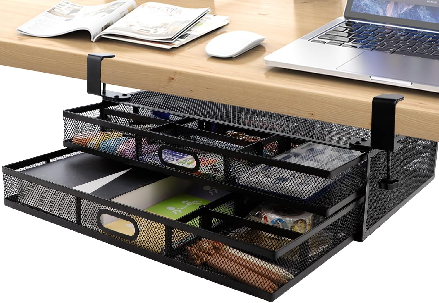 Under Desk Drawer Organizer No Drilling, 2 Layers Slide Out Drawer with 18 Adjustable Compartments, Large Metal Under Desk Storage Clamp On for Home Office 17.7x11.8x4.7