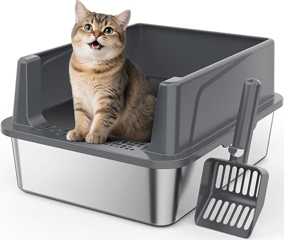 FURTIME Stainless Steel Cat Litter Tray Grey with Detachable Enclosure, 21cm High Sided Cat Litter Box Anti-Spillage and 44cm Small Litter Tray with Lid for All Cats, with Litter Scoop, 44x34x21cm