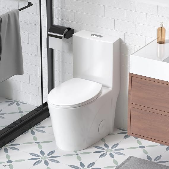 Elongated One-Piece Toilet 17" Comfort Height, ADA Compliant, 1.1/1.6 GPF Water-Saving, Powerful Tornado Flush, Soft-Close Seat, 12" S-Trap, Fan-Shaped Bathroom Design