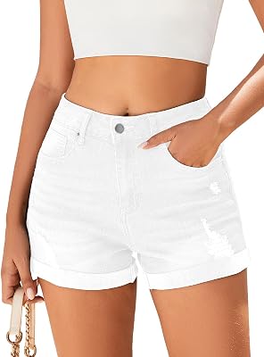 Womens Mid-High Rise Ripped Denim Shorts Stretchy Distressed Jean Shorts with Pockets Folded Hem Casual Summer Jorts