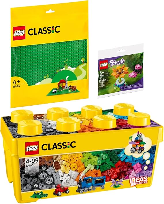 Lego Classic Set of 3: 10696 Lego Medium Building Blocks Box, 11023 Green Building Plate & 30417 Garden Flower and Butterfly Polybag
