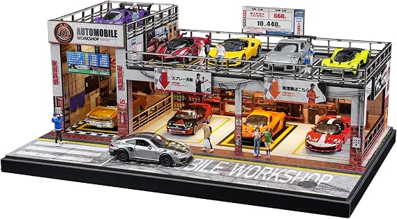 kivcmds Display Case for Hot Wheels & Matchbox, Toy Car Garage with LED Lights, Auto Workshop Parking Garage Diorama for 1/64 Diecast Cars Display Storage