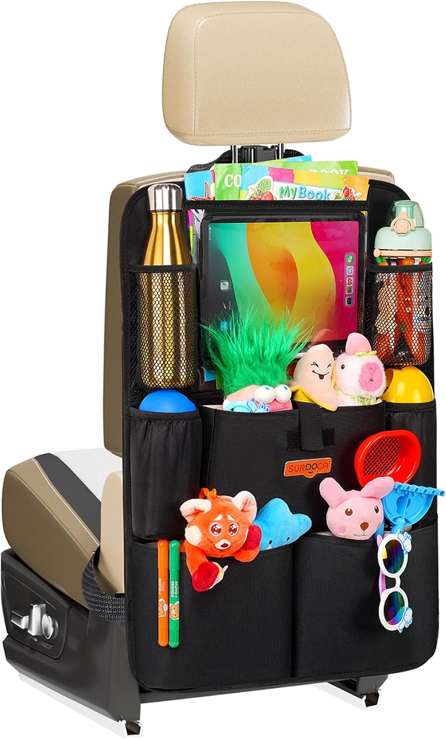 SURDOCA UPGRADED Car Seat Organiser for up to 11-inch Tablet Holder, 8 Pockets, Kids Toy Storage, Water Proof Back Seat Protector for Kids