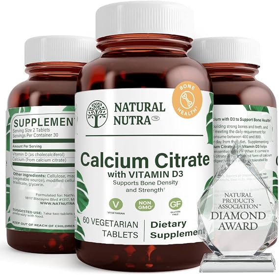 Natural Nutra Calcium Citrate with Vitamin D3, Supplement for Bone Strength, Promotes Muscle Movements & Done Health, Boost Heart Health, Strengthen Bone Density, Ideal for Active Seniors, 60 Tablets