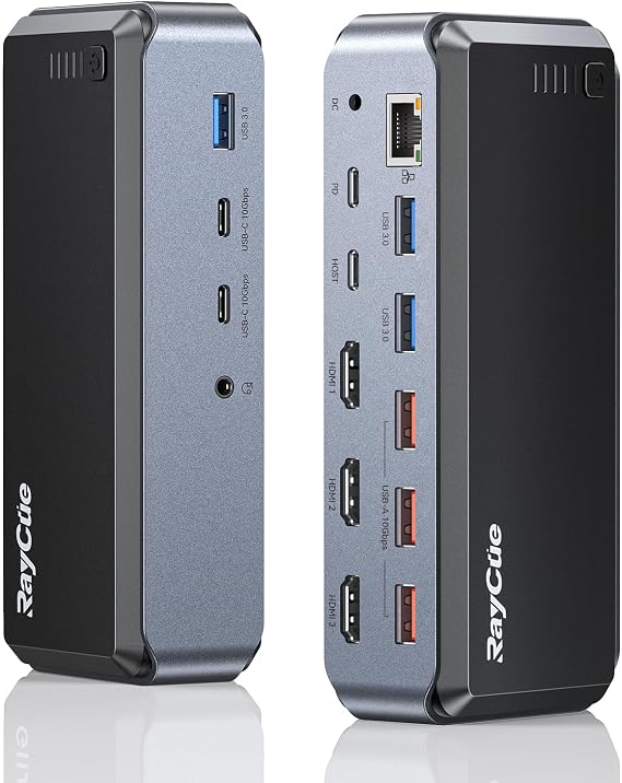 Raycue Triple Monitor USB C Docking Station - MacBook Pro Docking Station with Power Adapter for MacBook M1/M2/M3/Windows, HDMI*3, RJ45, 10Gbps USB*5, PD, USB 3.0 * 2